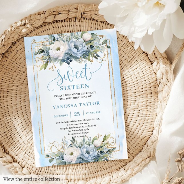 Luxurious Dusty Blue White Guld Flowers Sweet 16 Inbjudningar (Luxurious Dusty Blue White Gold Flowers Sweet 16 Invitation)