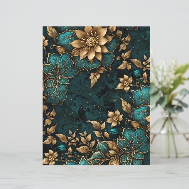 Luxurious & Elegant Teal Gold Marble Floral Paper (Stående Fram)