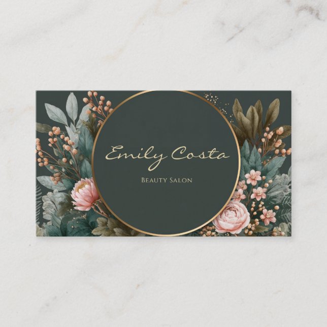 Luxurious Emerald Floral Gold Circle Blush Berry Visitkort (Framsida)