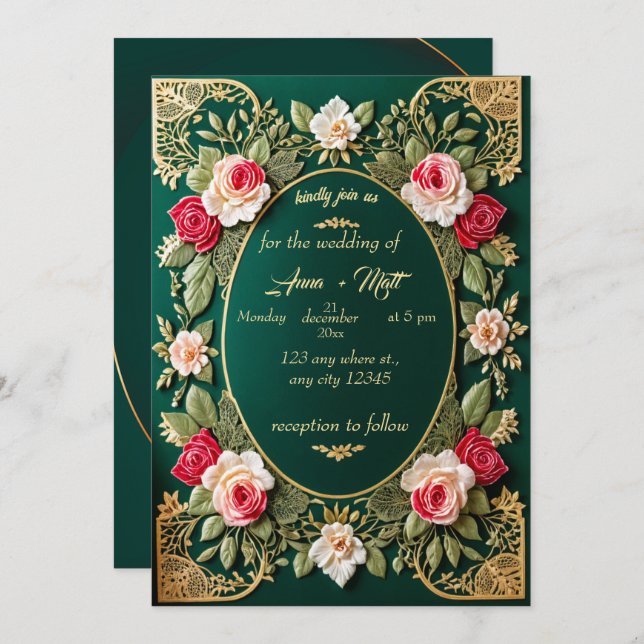 Luxurious Emerald Grönt bröllopsinbjudan med Fl Inbjudningar (Fram/baksida)