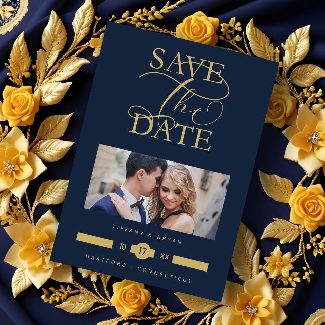 Luxurious Fancy Blue Marine  Photo Gold Script Spara Datumet (Luxurious Fancy Blue marine Photo Golden Effect Typography Save the Date Card with Envelope.)