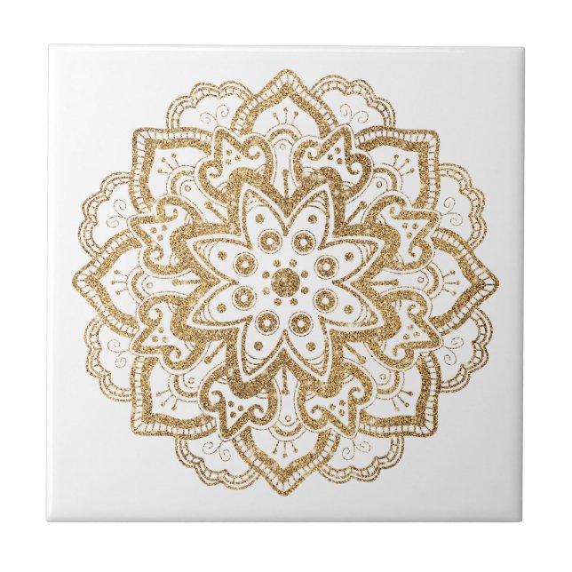 Luxurious Faux Guld Glitter Boho Mandala White Kakelplatta (Framsidan)
