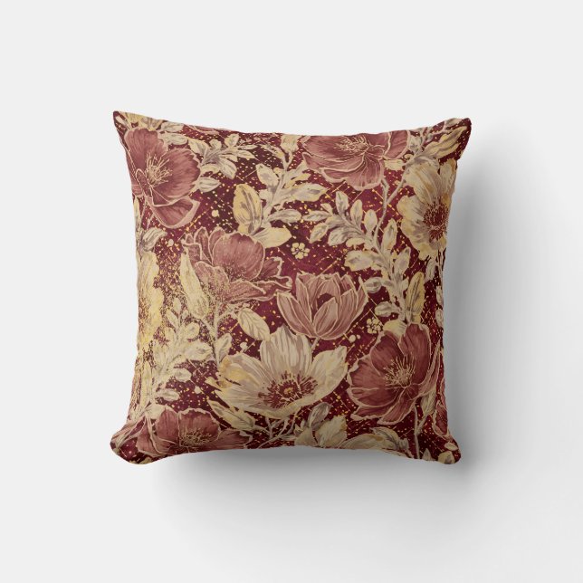 Luxurious Flowers,Gold Maroon, Elegant Beautiful Kudde (Framsida)