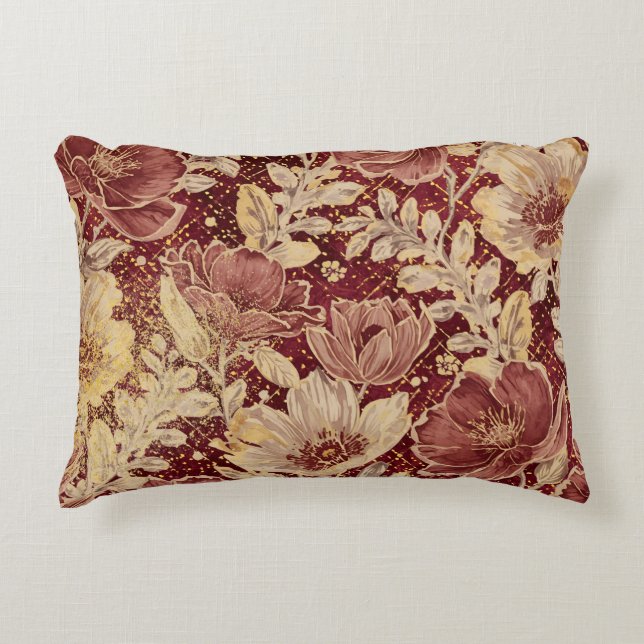 Luxurious Flowers,Gold Maroon, Elegant Beautiful Prydnadskudde (Framsidan)