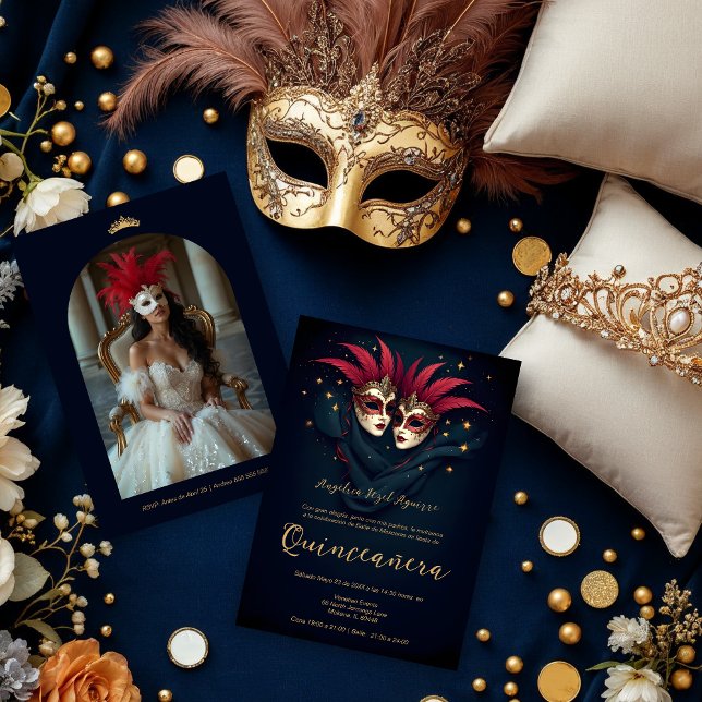 Luxurious Glam Venetian Mask Quinceañera Party Inbjudningar (Luxurious Glam Two ornate Venetian masks with gold and feather accents set against a dark background)
