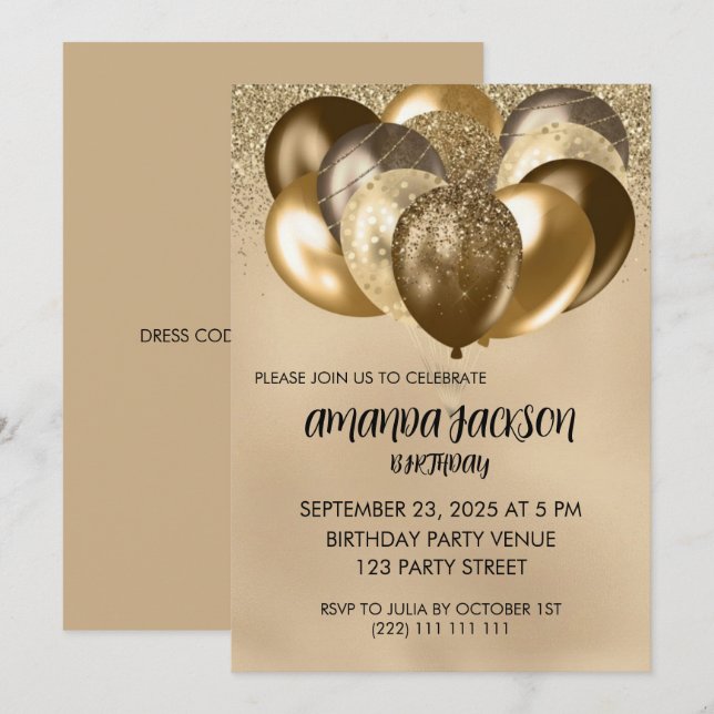 Luxurious Gold Balloons General Birthday Invite Inbjudningar (Fram/baksida)