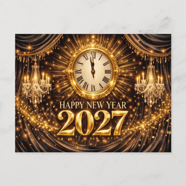 Luxurious Gold Black Elegant New Year 2027 Helg Vykort (Framsida)