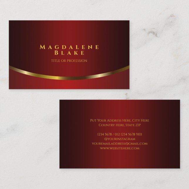 Luxurious Gold Curve Minimalist Red Burgundy Visitkort (Fram/baksida)
