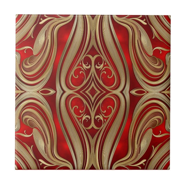 Luxurious Gold Diamond Motif on Red Pattern Kakelplatta (Framsidan)