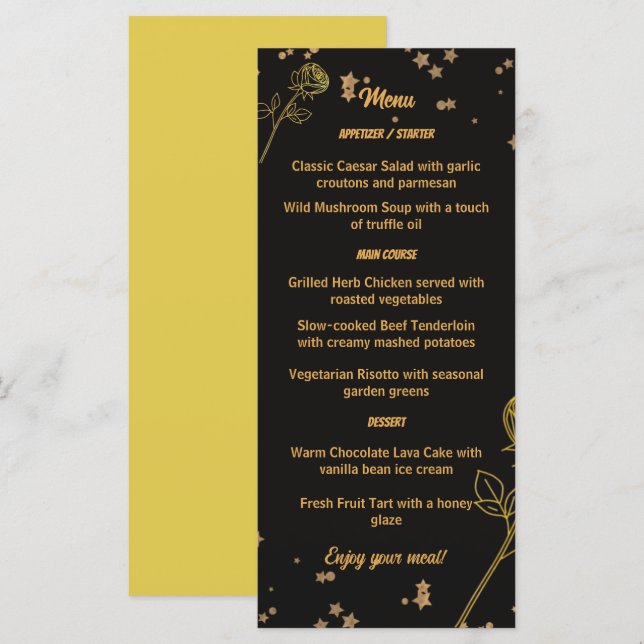Luxurious Gold Foil Floral Wedding Menu Card (Fram/baksida)