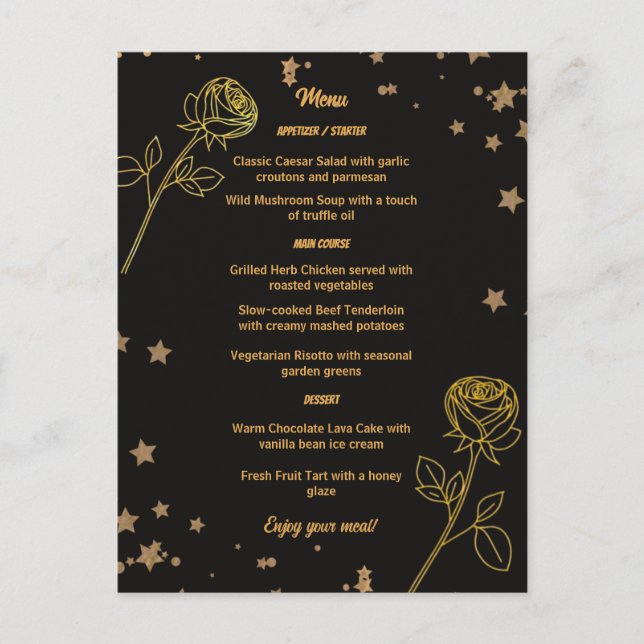 Luxurious Gold Foil Floral Wedding Menu Card Vykort (Framsida)