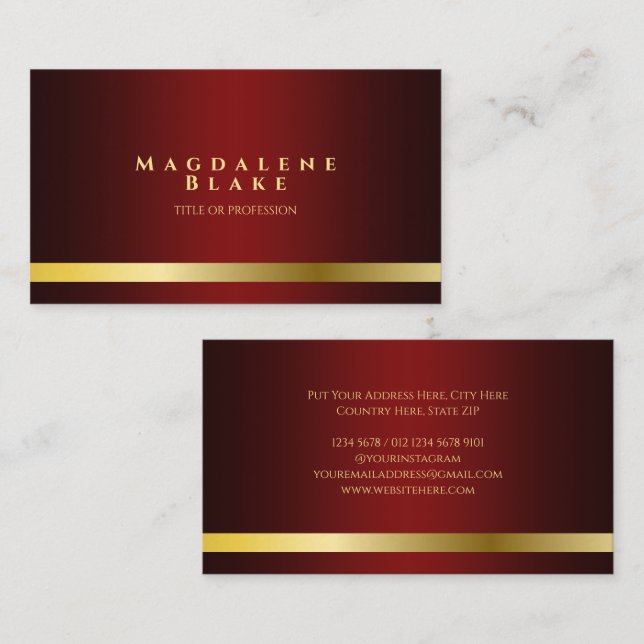 Luxurious Gold Line Minimalist Red Burgundy Visitkort (Fram/baksida)