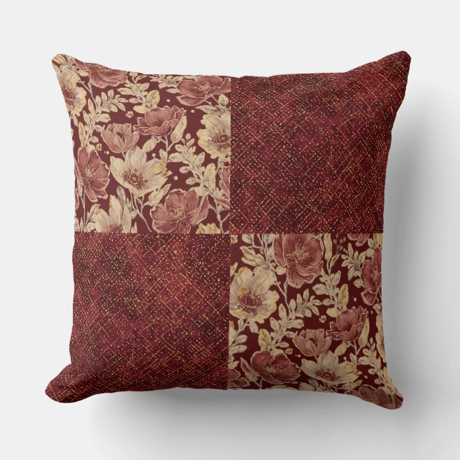Luxurious Gold Maroon Flowers and Pixels Kudde (Framsida)