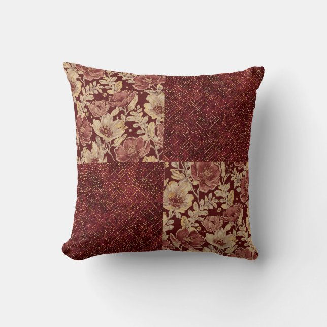 Luxurious Gold Maroon Flowers and Pixels Kudde (Framsida)