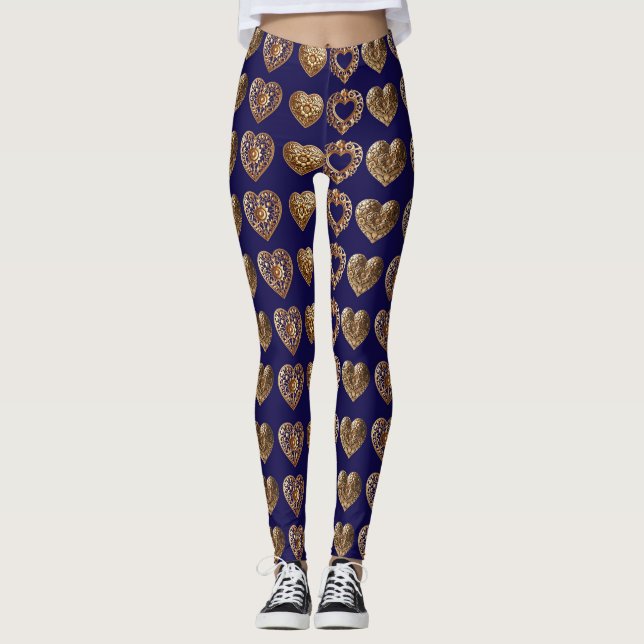 Luxurious Golden Baroque Hearts Pattern on Navy Bl Leggings (Framsida)