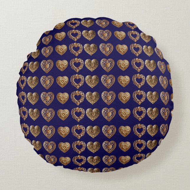 Luxurious Golden Baroque Hearts Pattern on Navy Bl Rund Kudde (Framsidan)