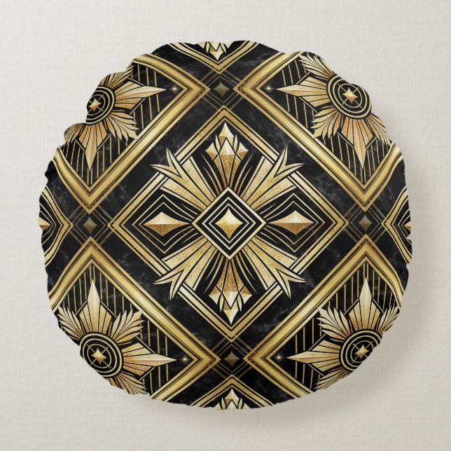 Luxurious Golden Geometric 1920's Dimond Art Deco Rund Kudde (Framsidan)