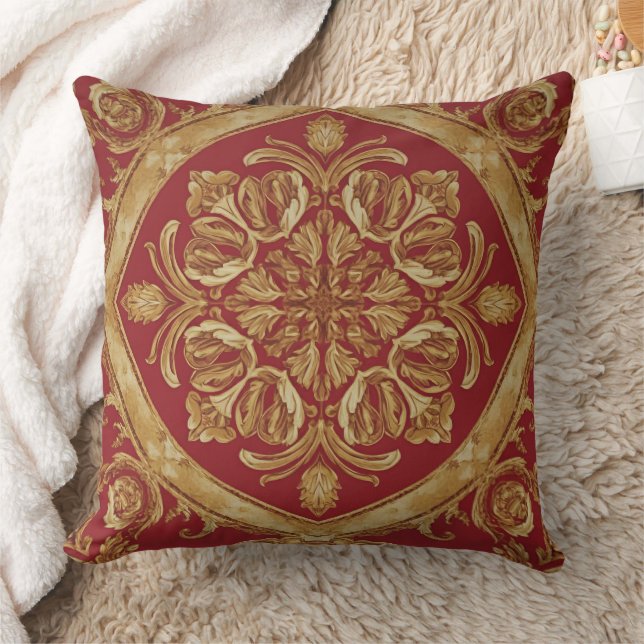 Luxurious Golden Red Ornate Accent Pillow for Sofa Kudde (Filt)