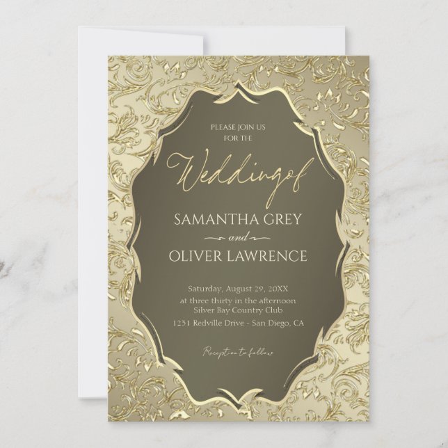 Luxurious Guld Damask Wedding bjudande Inbjudningar (Framsida)
