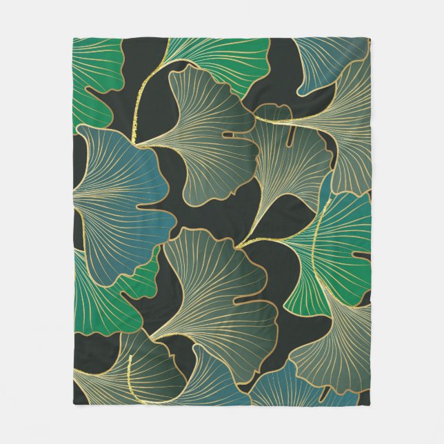 Luxurious guld Ginkgo, vintage art. Fleecefilt (Framsidan)