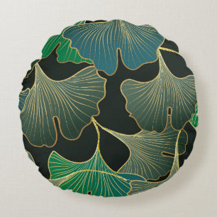 Luxurious guld Ginkgo, vintage art. Rund Kudde