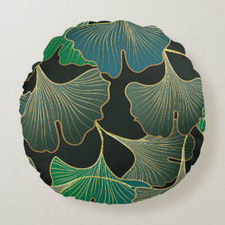 Luxurious guld Ginkgo, vintage art. Rund Kudde