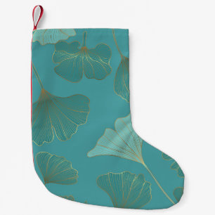 Luxurious guld Ginkgo, vintage tapet. Liten Julstrumpa
