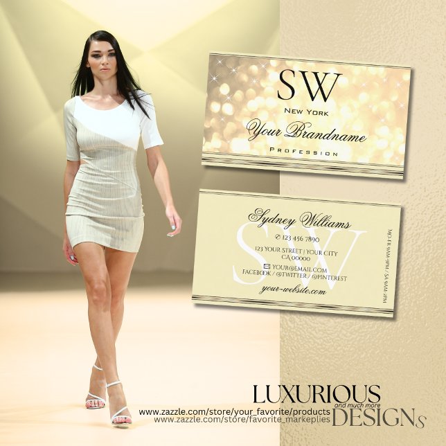 Luxurious Guld Glitter Stars Monogram Beige Golden Visitkort (Skapare uppladdad)