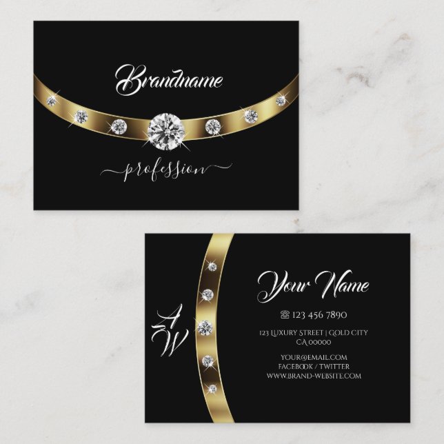 Luxurious Guld och Black Monogram Faux Rhinestones Visitkort (Fram/baksida)