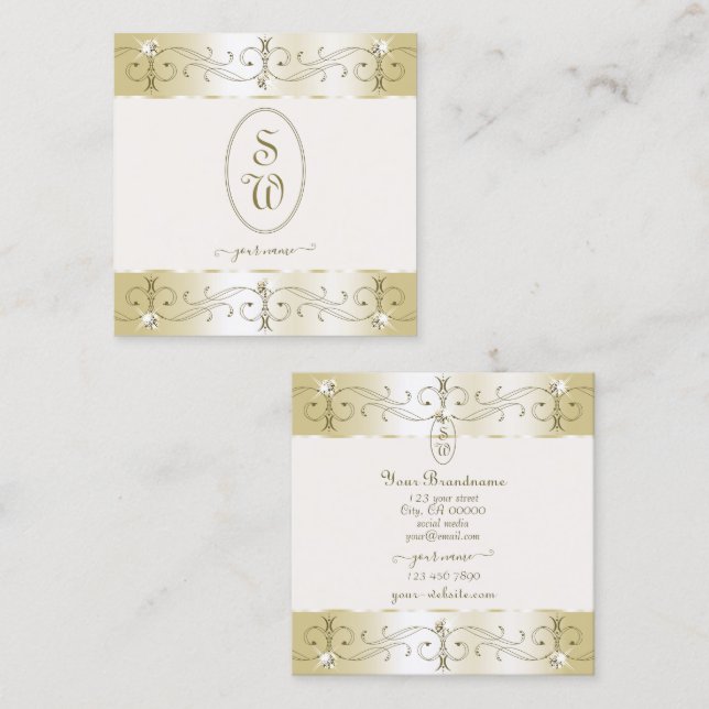 Luxurious Guld och Cream Ornate Ornaments Monogram Fyrkantigt Visitkort (Fram/baksida)