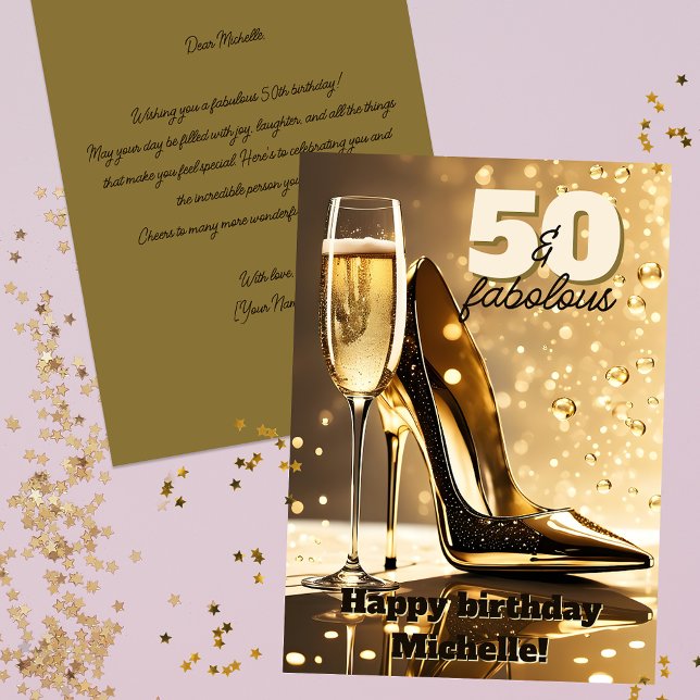 Luxurious Guld Stiletto Champagne 50 födelsedagsko Kort (Skapare uppladdad)