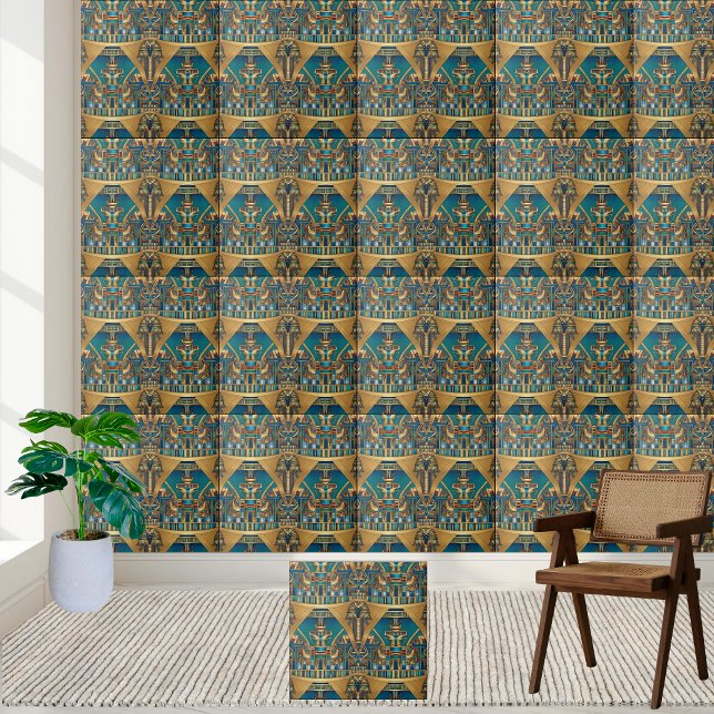 Luxurious Guld & Teal Egyptian Hieroglyph Tile Kakelplatta (Luxurious Gold & Teal Egyptian Hieroglyph Tile)