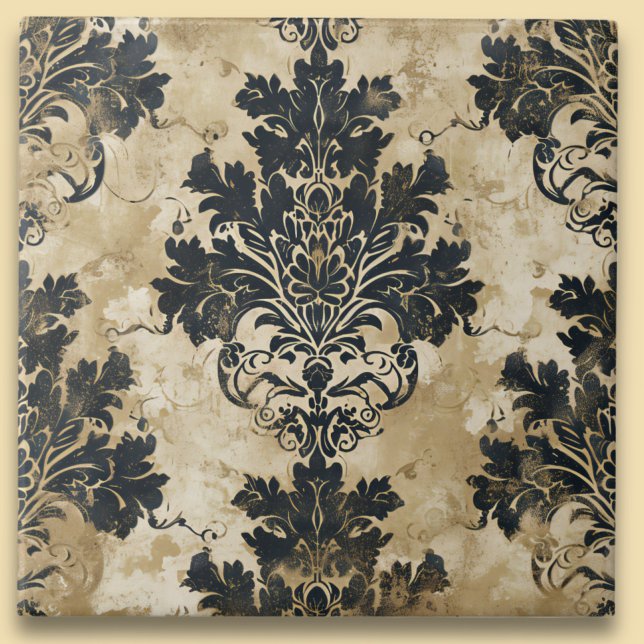 Luxurious Ivory Damask Elegant Black Beige Kakelplatta (Skapare uppladdad)