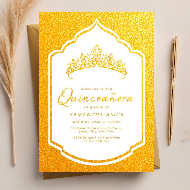 Luxurious Krona White och Guld Quinceanera Inbjudningar (Skapare uppladdad)