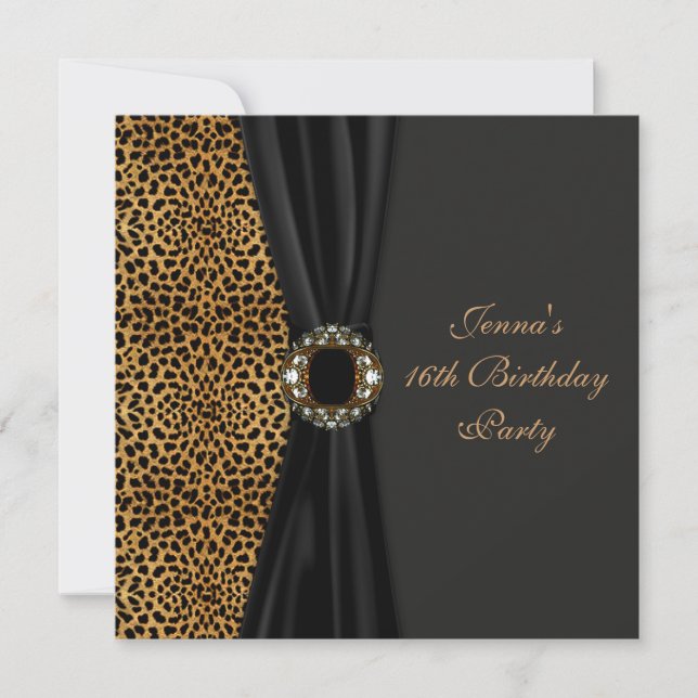 Luxurious Leopard Classy Black Sweet sixteen Party Inbjudningar (Framsida)