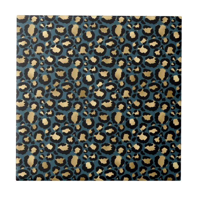 Luxurious Leopard Spots Dark Blue Wild Glam Kakelplatta (Framsidan)