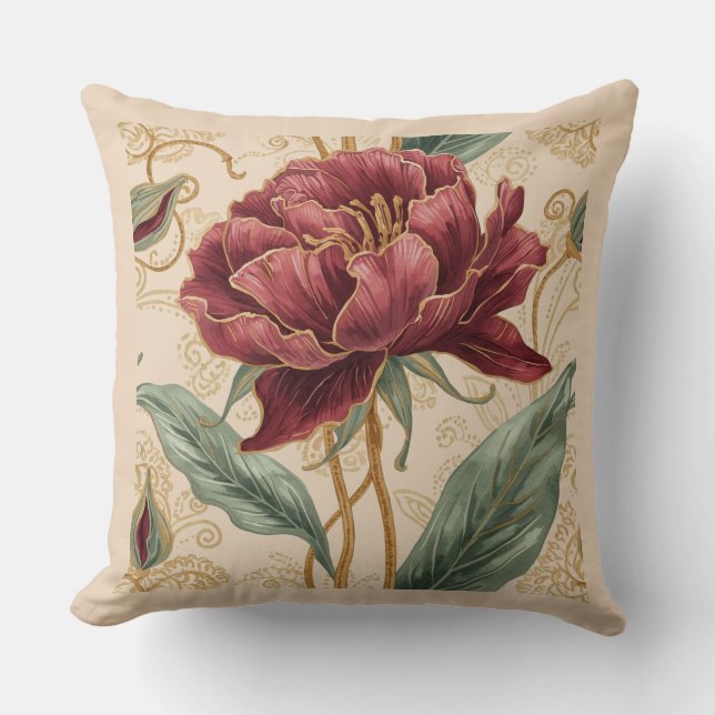 Luxurious, Maroon ,Gold Flowers Design Art  Kudde (Framsida)