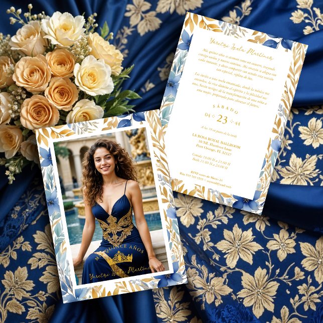 Luxurious Navy Blue & Gold Exquisite Tiara XV's Inbjudningar (Luxurious Navy Blue & Gold Exquisite Tiara Crown Quinceañera Photo Invitations Cards with Botanical )