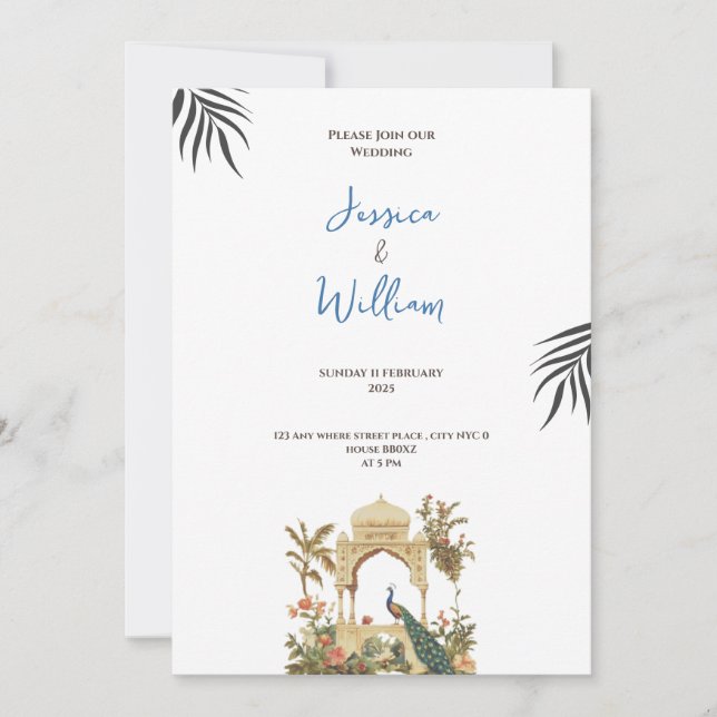 luxurious peacock palace wedding invitation inbjudningar (Framsida)