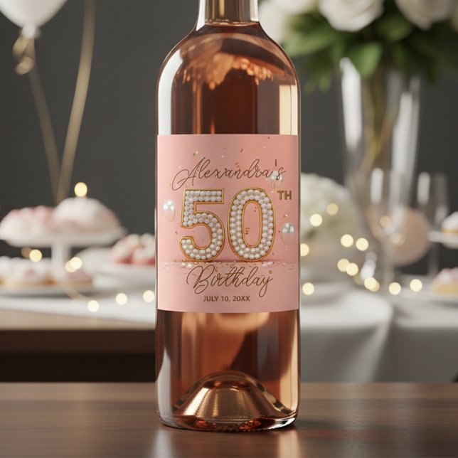 Luxurious Pearl Soft Pink Gold 50th Birthday  Vinflaska Etikett (Skapare uppladdad)