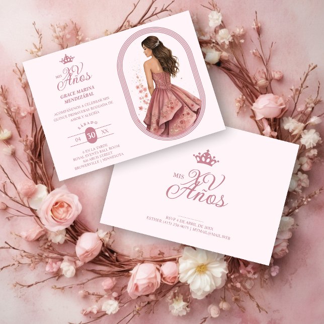 Luxurious Pink Oval Frame Charming Quinceañera Inbjudningar (Spanish Luxurious Pink Oval Frame Charming Quinceañera Doll Illustration in Pink Shades Invitation.)