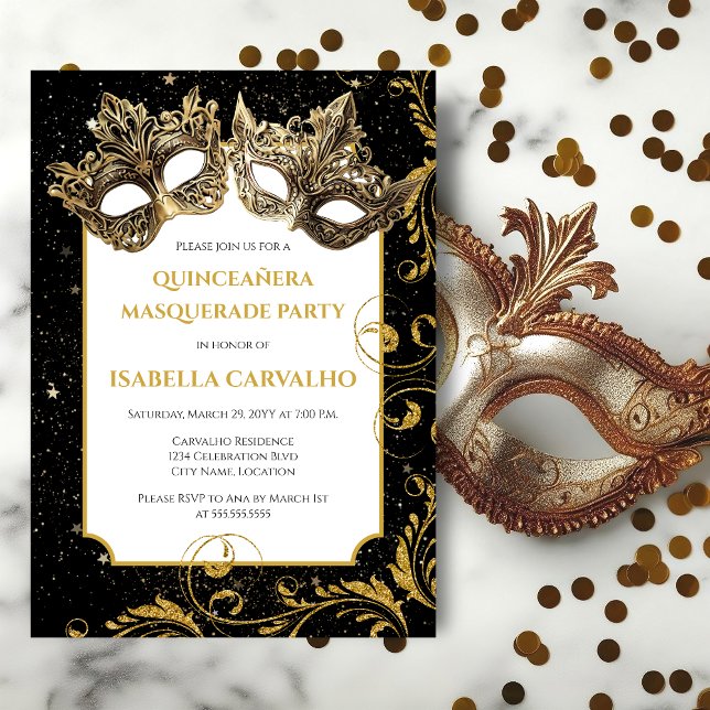 Luxurious Quinceañera Masquerad Party Inbjudningar (Quinceanera masquerade birthday party invitation front view.)