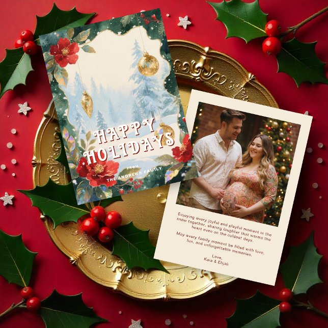Luxurious Red and Gold Christmas Ornament Photo Julkort (Winter Christmas Scene in Red Shades and Gold Christmas with Luxury Ornaments Holiday Card)