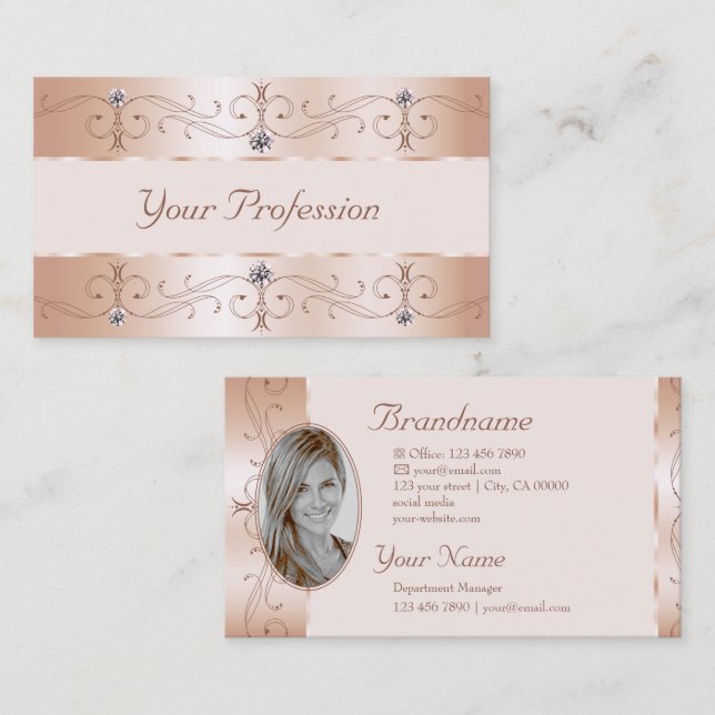 Luxurious Rose Gold Ornate Borders Jewels Add Foto Visitkort (Fram/baksida)
