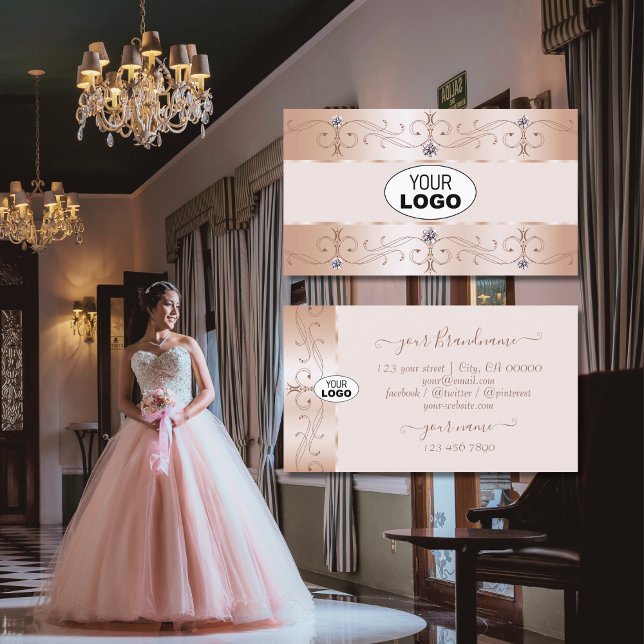Luxurious Rose Gold Ornate Borders Jewels Add Logo Visitkort (Skapare uppladdad)