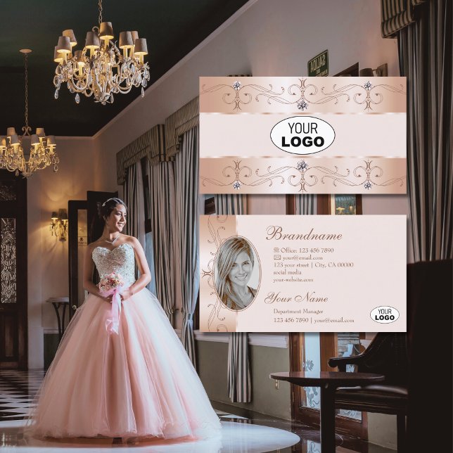 Luxurious Rose Gold Ornate Borders Logo and Photo Visitkort (Skapare uppladdad)