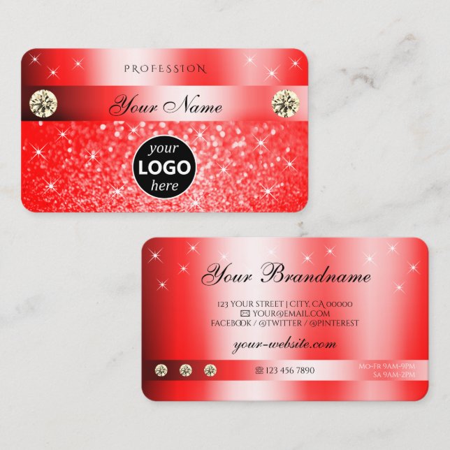 Luxurious Ruby Red Glitter Gnistra Stars med Logot Visitkort (Fram/baksida)