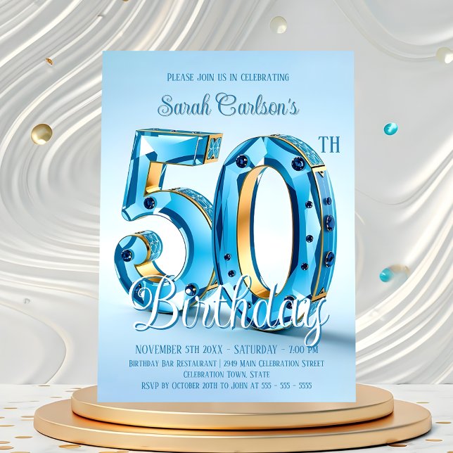 Luxurious Sapphire och Guld 50:e födelsedagen Inbjudningar (Skapare uppladdad)