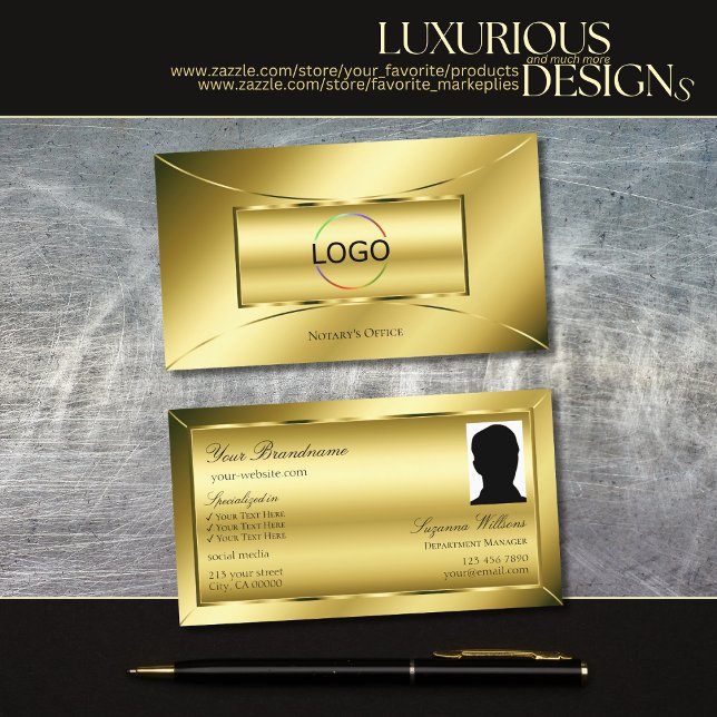 Luxurious Shimmery Guld med Logotyp och fotodekan Visitkort (Skapare uppladdad)
