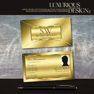 Luxurious Shimmery Guld med Monogram och Photo Visitkort